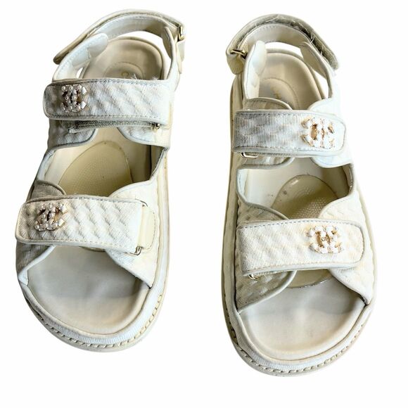 CHANEL Slide Women 40C Ivory Knit Interlocking CC Logo Mule Strap Flat Dad Teva - Picture 2 of 9